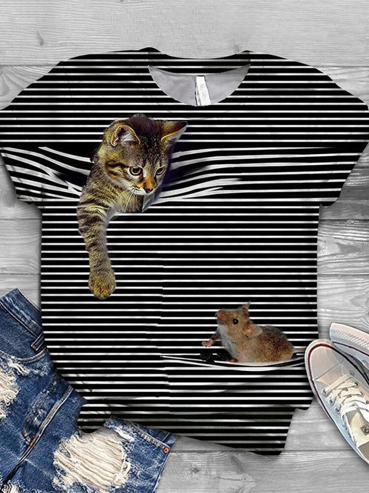 Kvinnor 3d Cat Animal Pinstripe Print O-ringad Casual Kortärmade T-shirts