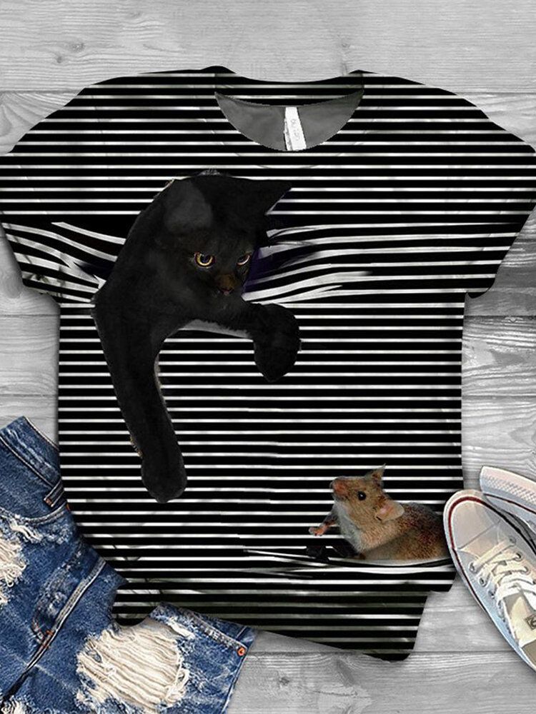 Kvinnor 3d Cat Animal Pinstripe Print O-ringad Casual Kortärmade T-shirts