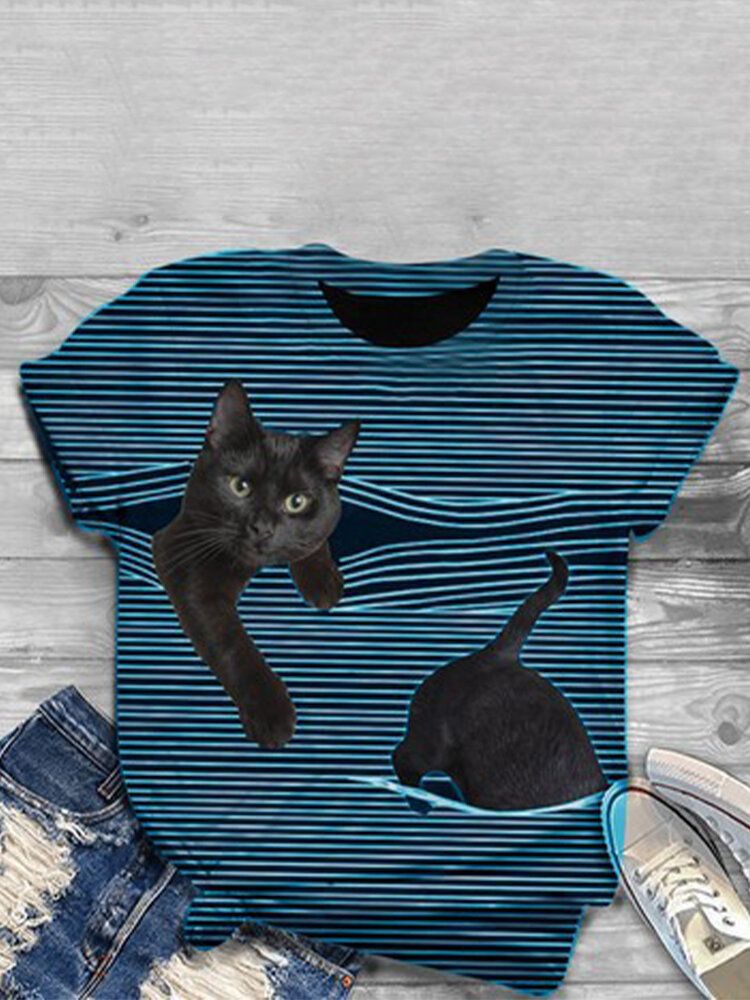 Kvinnor 3d Cat Animal Pinstripe Print O-ringad Casual Kortärmade T-shirts