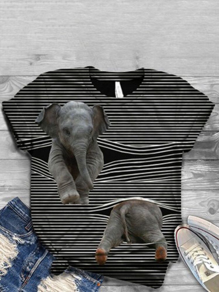 Kvinnor 3d Cat Animal Pinstripe Print O-ringad Casual Kortärmade T-shirts