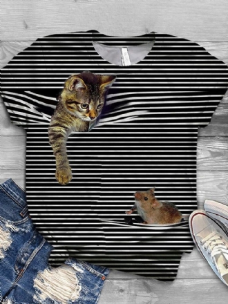 Kvinnor 3d Cat Animal Pinstripe Print O-ringad Casual Kortärmade T-shirts