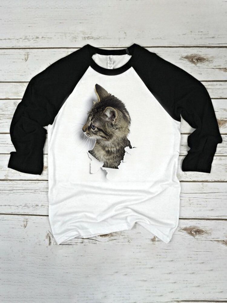 Kvinnor 3d Cat Patchwork Raglan Ärm Rundhalsad Casual T-shirt