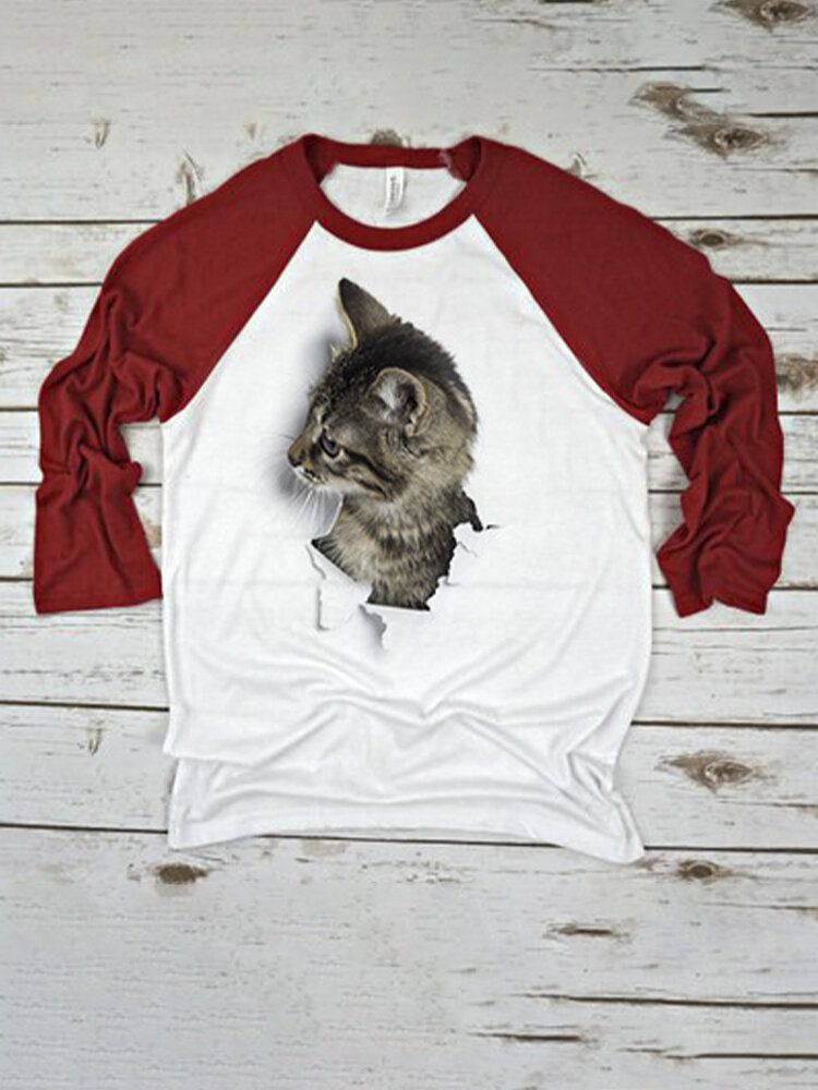 Kvinnor 3d Cat Patchwork Raglan Ärm Rundhalsad Casual T-shirt