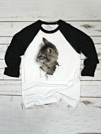 Kvinnor 3d Cat Patchwork Raglan Ärm Rundhalsad Casual T-shirt