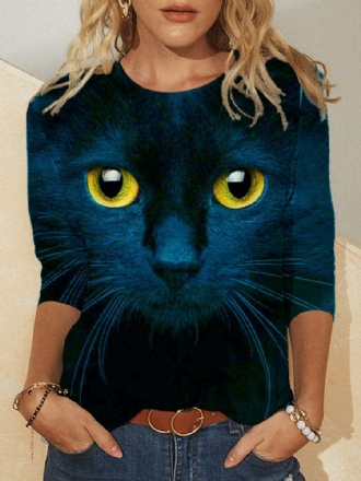 Kvinnor 3d Cat Print Långärmade T-shirts