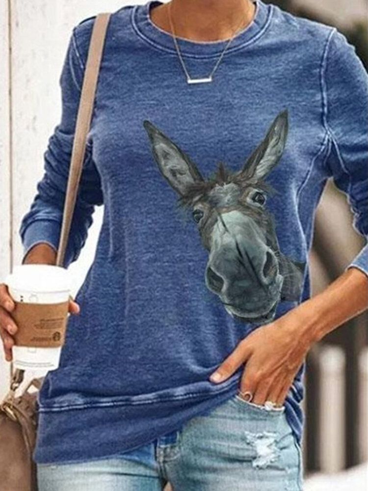 Kvinnor Cartoon Funny Donkey Print Långärmad O-ringad Casual Sweatshirt