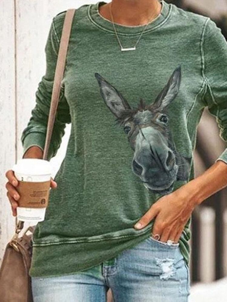 Kvinnor Cartoon Funny Donkey Print Långärmad O-ringad Casual Sweatshirt