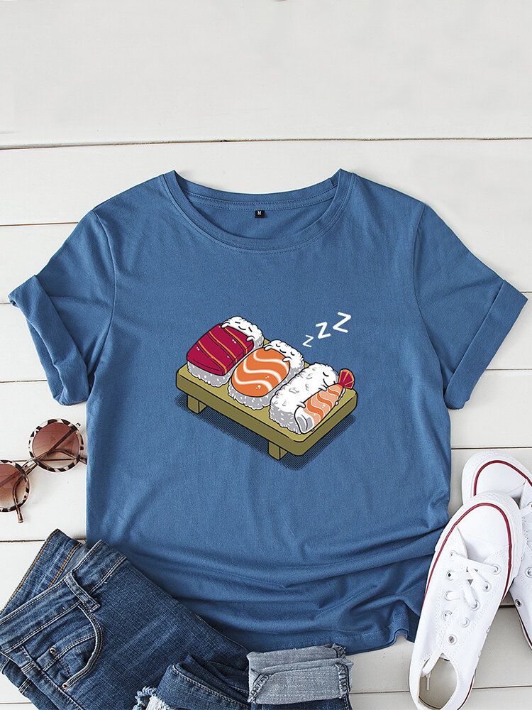 Kvinnor Cartoon Sleeping Sushi Print O-ringad Kortärmad Fritids-t-shirt