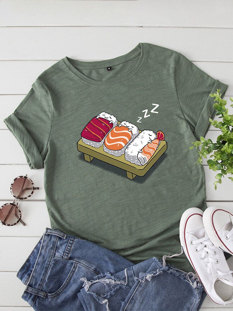 Kvinnor Cartoon Sleeping Sushi Print O-ringad Kortärmad Fritids-t-shirt