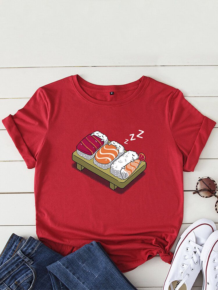 Kvinnor Cartoon Sleeping Sushi Print O-ringad Kortärmad Fritids-t-shirt