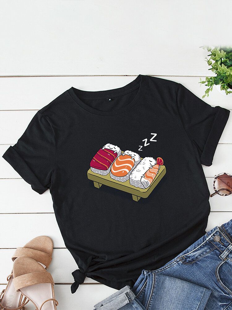 Kvinnor Cartoon Sleeping Sushi Print O-ringad Kortärmad Fritids-t-shirt