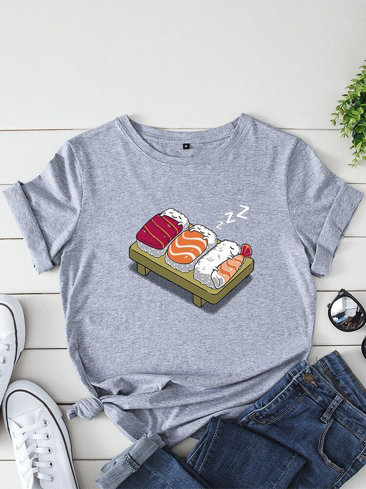 Kvinnor Cartoon Sleeping Sushi Print O-ringad Kortärmad Fritids-t-shirt