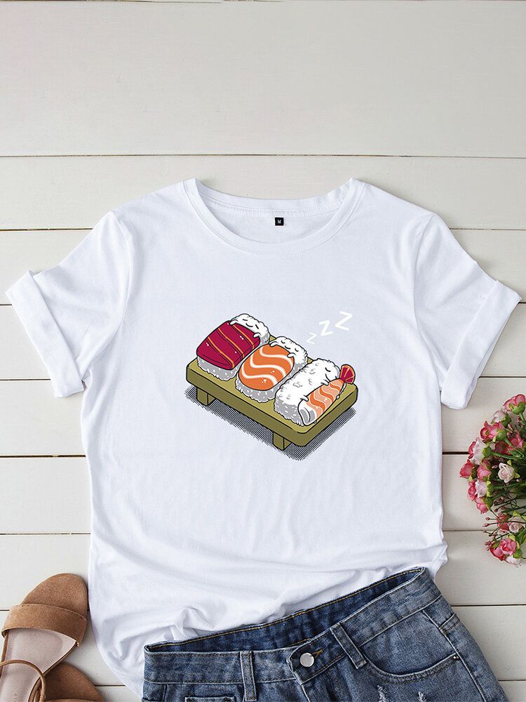 Kvinnor Cartoon Sleeping Sushi Print O-ringad Kortärmad Fritids-t-shirt