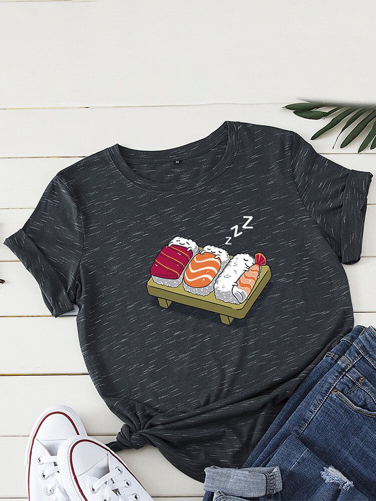 Kvinnor Cartoon Sleeping Sushi Print O-ringad Kortärmad Fritids-t-shirt