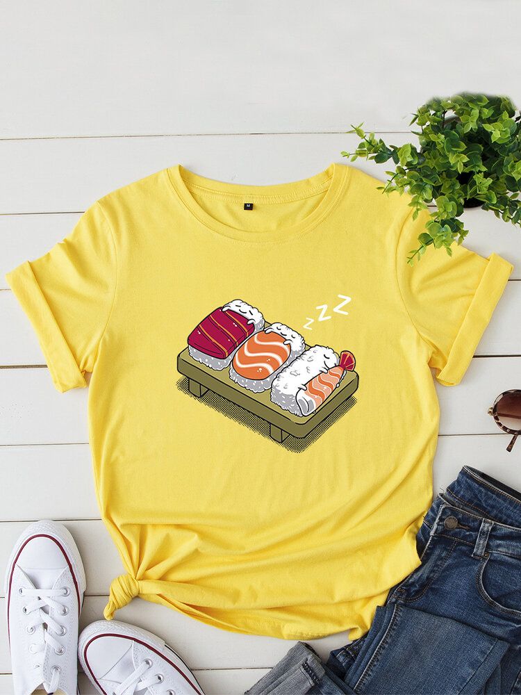 Kvinnor Cartoon Sleeping Sushi Print O-ringad Kortärmad Fritids-t-shirt