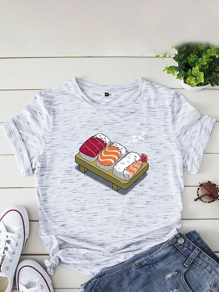 Kvinnor Cartoon Sleeping Sushi Print O-ringad Kortärmad Fritids-t-shirt