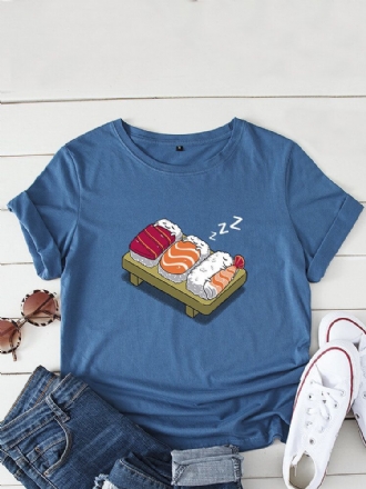 Kvinnor Cartoon Sleeping Sushi Print O-ringad Kortärmad Fritids-t-shirt