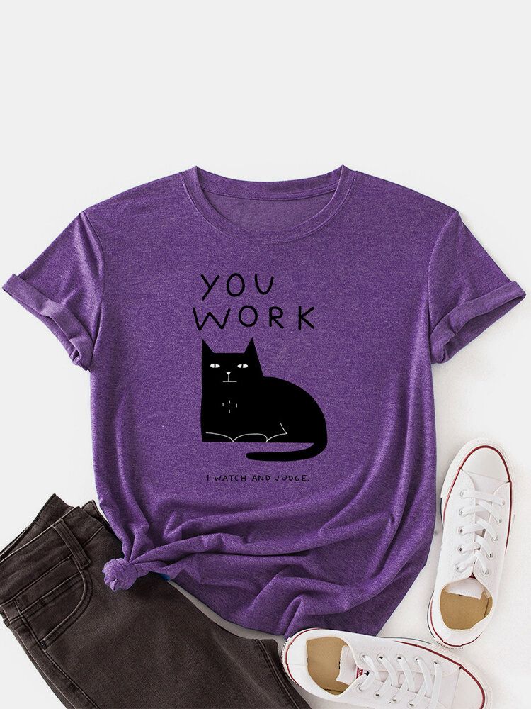 Kvinnor Cat Letter Print Rund Neck Söta Kortärmade T-shirts