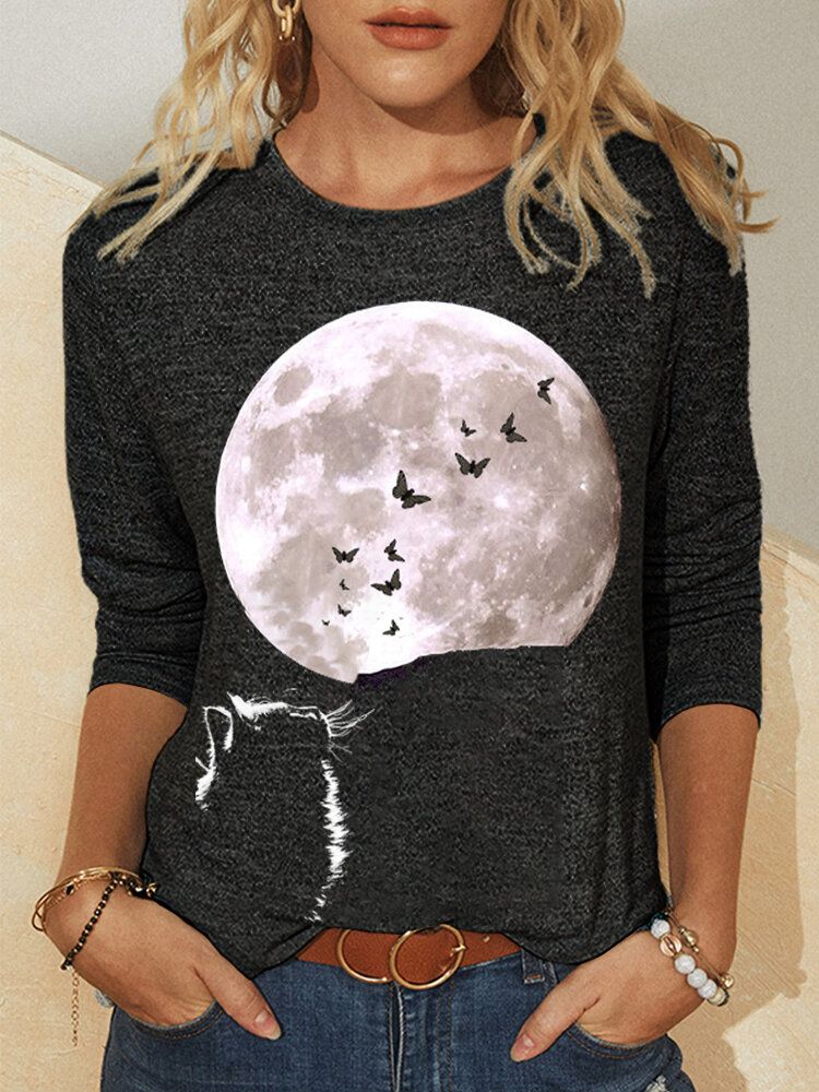 Kvinnor Cat Moon Grafiskt Tryckt Långärmad O-ringad Casual T-shirt