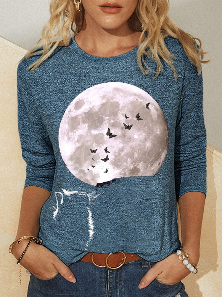 Kvinnor Cat Moon Grafiskt Tryckt Långärmad O-ringad Casual T-shirt