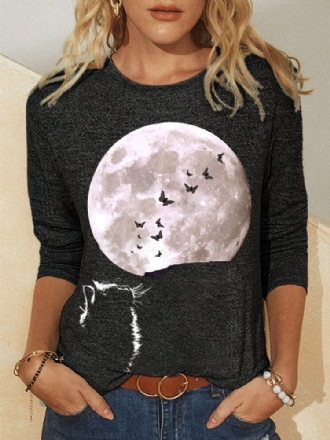 Kvinnor Cat Moon Grafiskt Tryckt Långärmad O-ringad Casual T-shirt