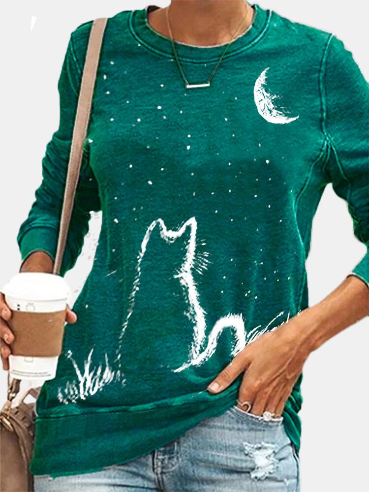 Kvinnor Cat Moon Print Långärmad O-ringad Casual Pullover T-shirt