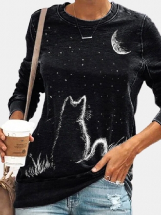 Kvinnor Cat Moon Print Långärmad O-ringad Casual Pullover T-shirt