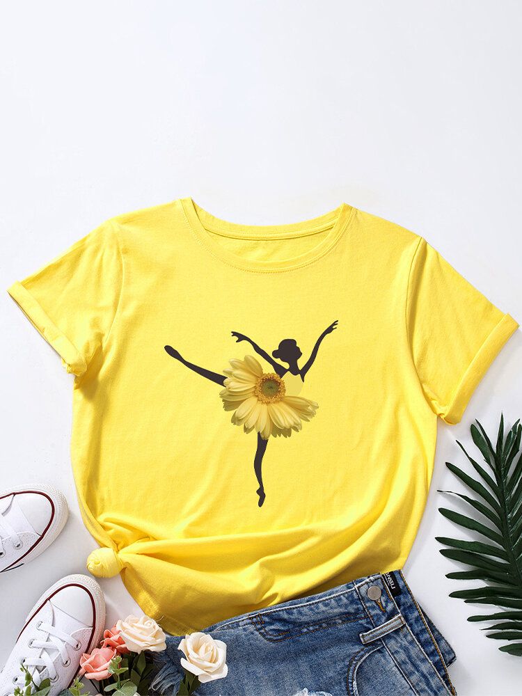 Kvinnor Flower Dancing Girl Print O-ringad Kortärmad T-shirt I Flera Färger