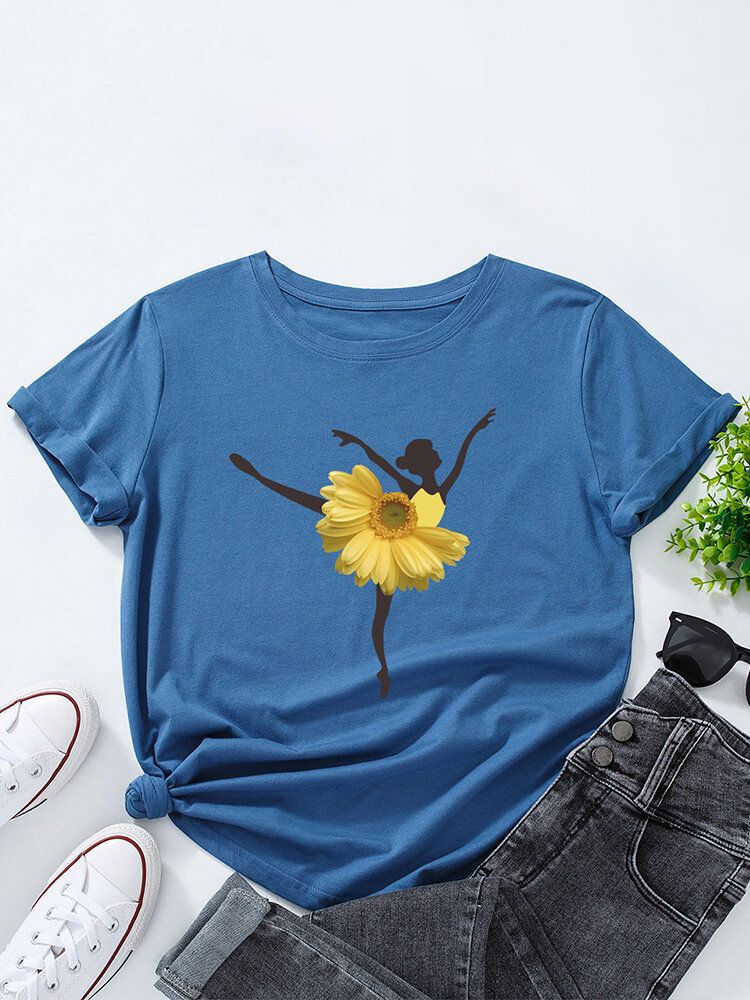 Kvinnor Flower Dancing Girl Print O-ringad Kortärmad T-shirt I Flera Färger