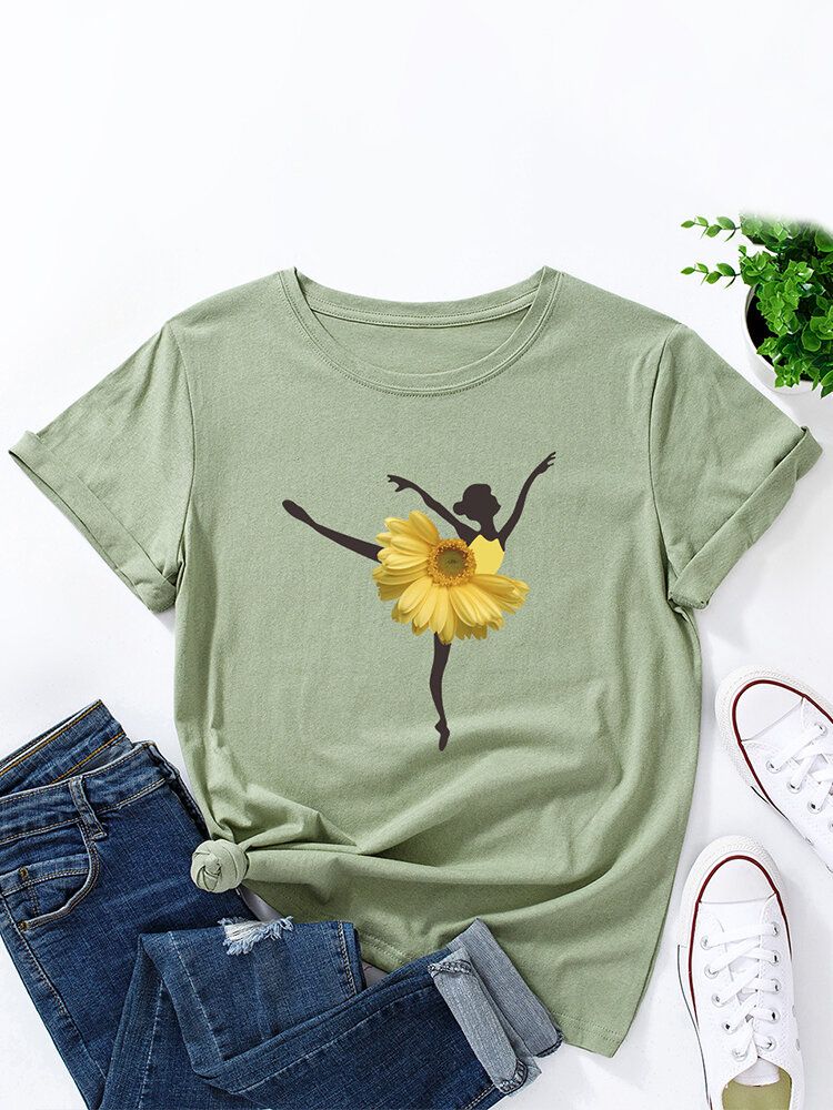 Kvinnor Flower Dancing Girl Print O-ringad Kortärmad T-shirt I Flera Färger