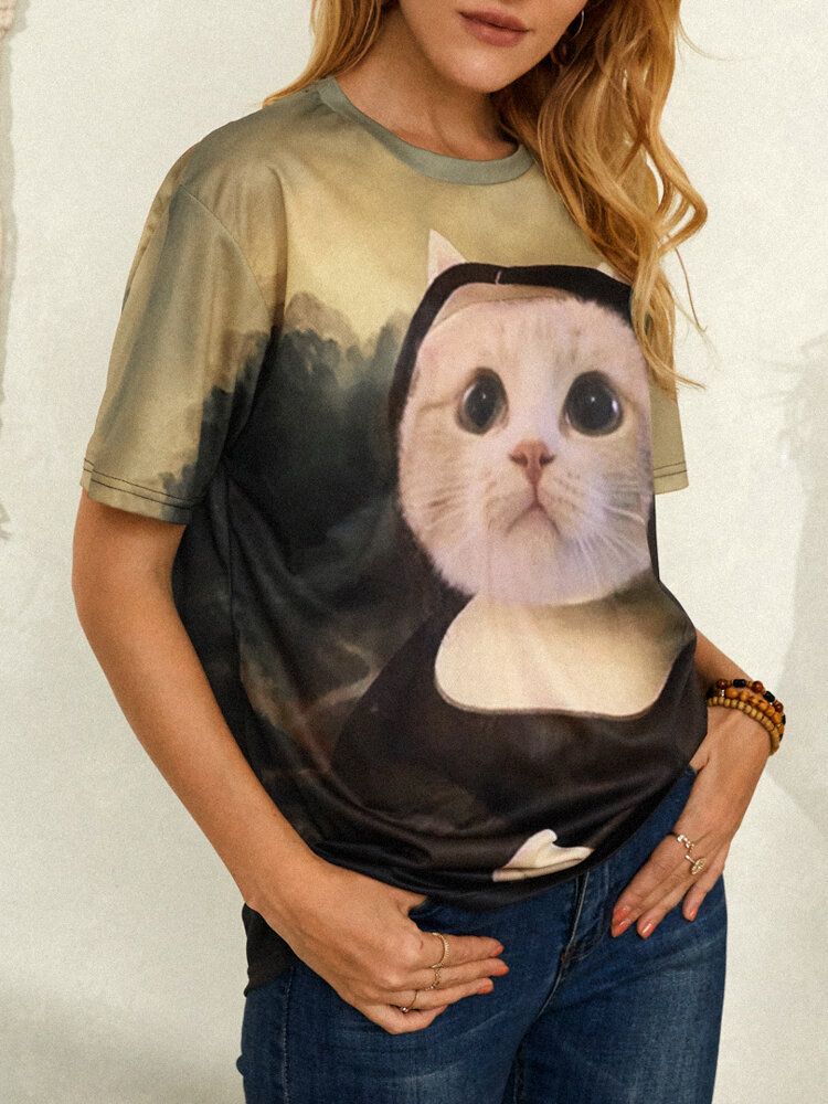 Kvinnor Funny Cat Print Rundhalsad Kortärmad T-shirts