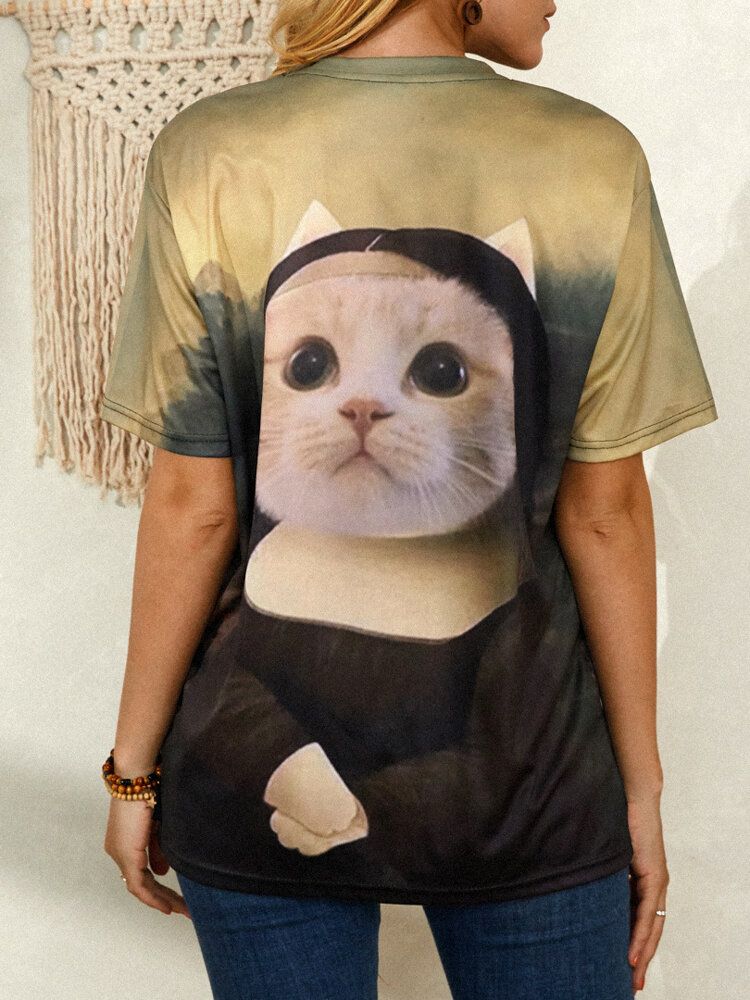 Kvinnor Funny Cat Print Rundhalsad Kortärmad T-shirts