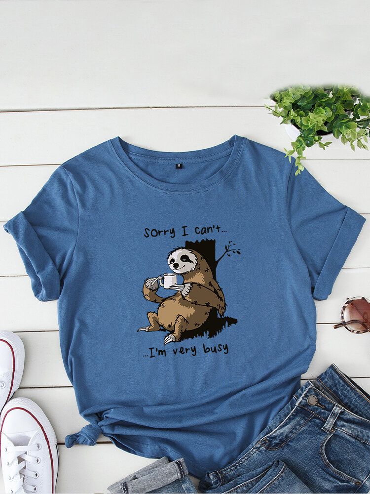 Kvinnor Funny Sloth Slogantryck O-ringad Kortärmad Daily Comfy T-shirt