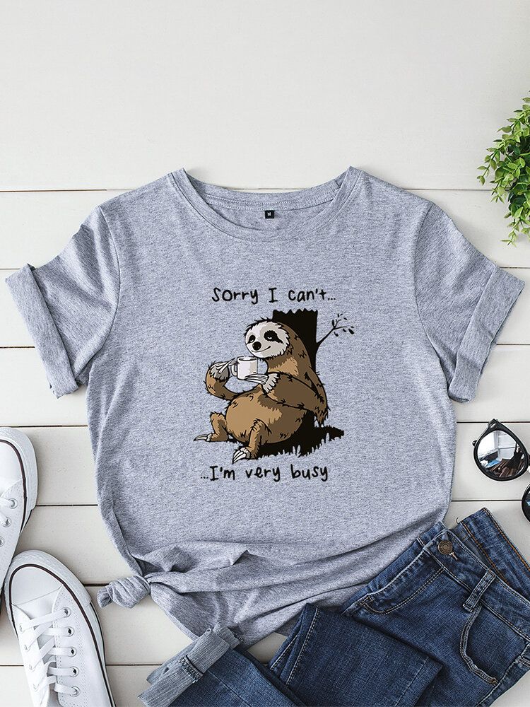 Kvinnor Funny Sloth Slogantryck O-ringad Kortärmad Daily Comfy T-shirt