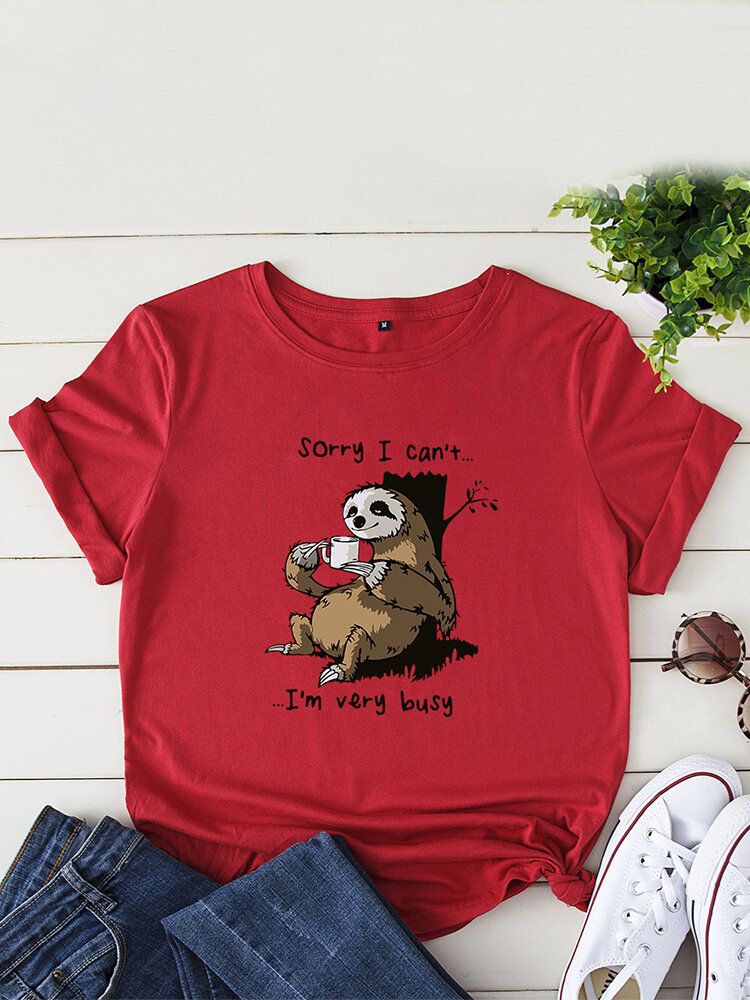 Kvinnor Funny Sloth Slogantryck O-ringad Kortärmad Daily Comfy T-shirt