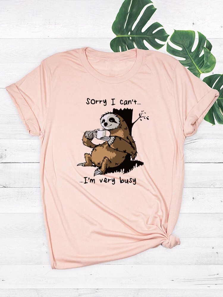 Kvinnor Funny Sloth Slogantryck O-ringad Kortärmad Daily Comfy T-shirt