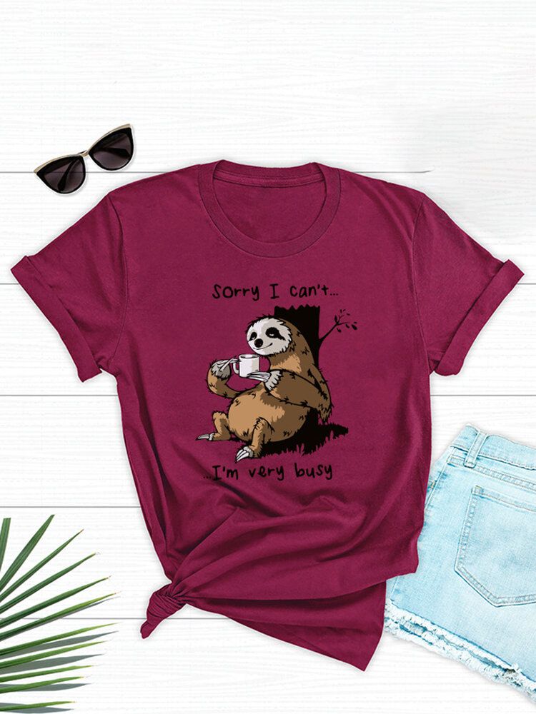 Kvinnor Funny Sloth Slogantryck O-ringad Kortärmad Daily Comfy T-shirt