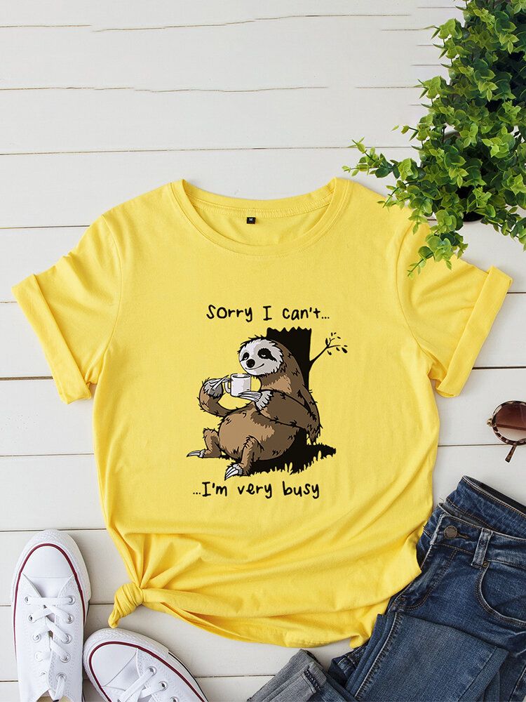 Kvinnor Funny Sloth Slogantryck O-ringad Kortärmad Daily Comfy T-shirt