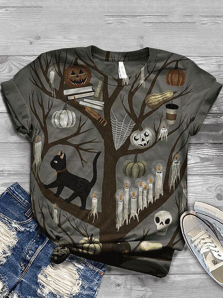 Kvinnor Halloween Funny Pumpa Print Casual Kortärmade T-shirts