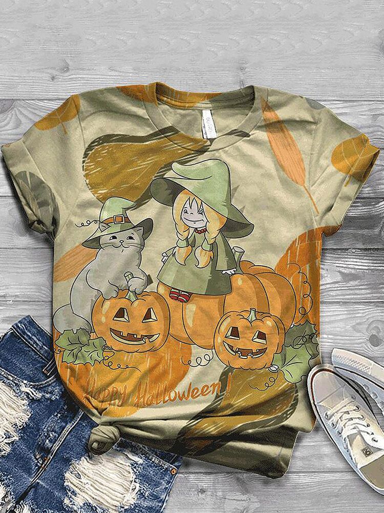 Kvinnor Halloween Funny Pumpa Print Casual Kortärmade T-shirts