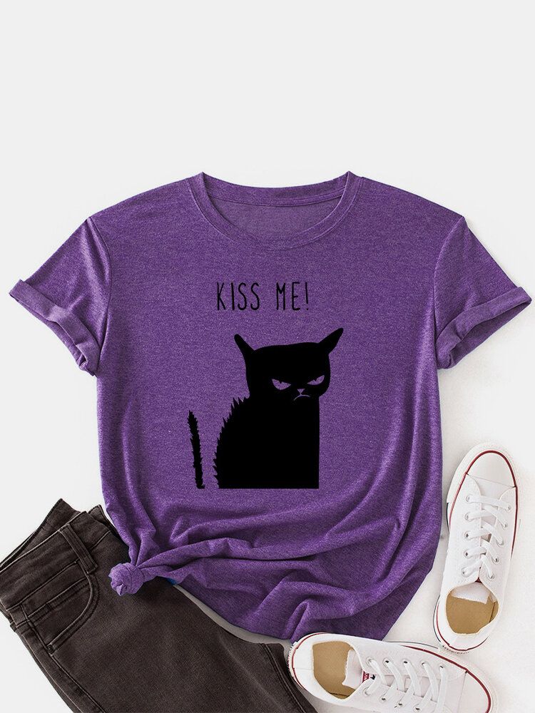 Kvinnor Kiss Cat Print O-ringad Kortärmad Casual T-shirt