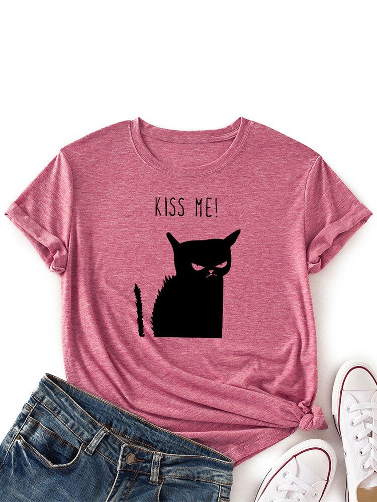 Kvinnor Kiss Cat Print O-ringad Kortärmad Casual T-shirt