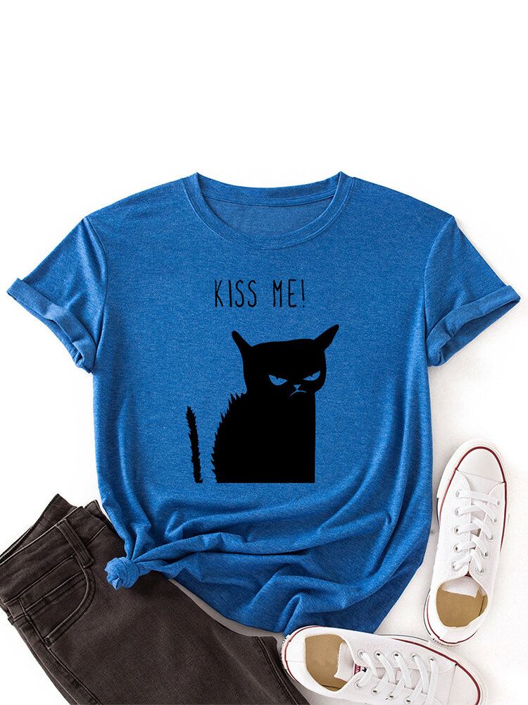 Kvinnor Kiss Cat Print O-ringad Kortärmad Casual T-shirt