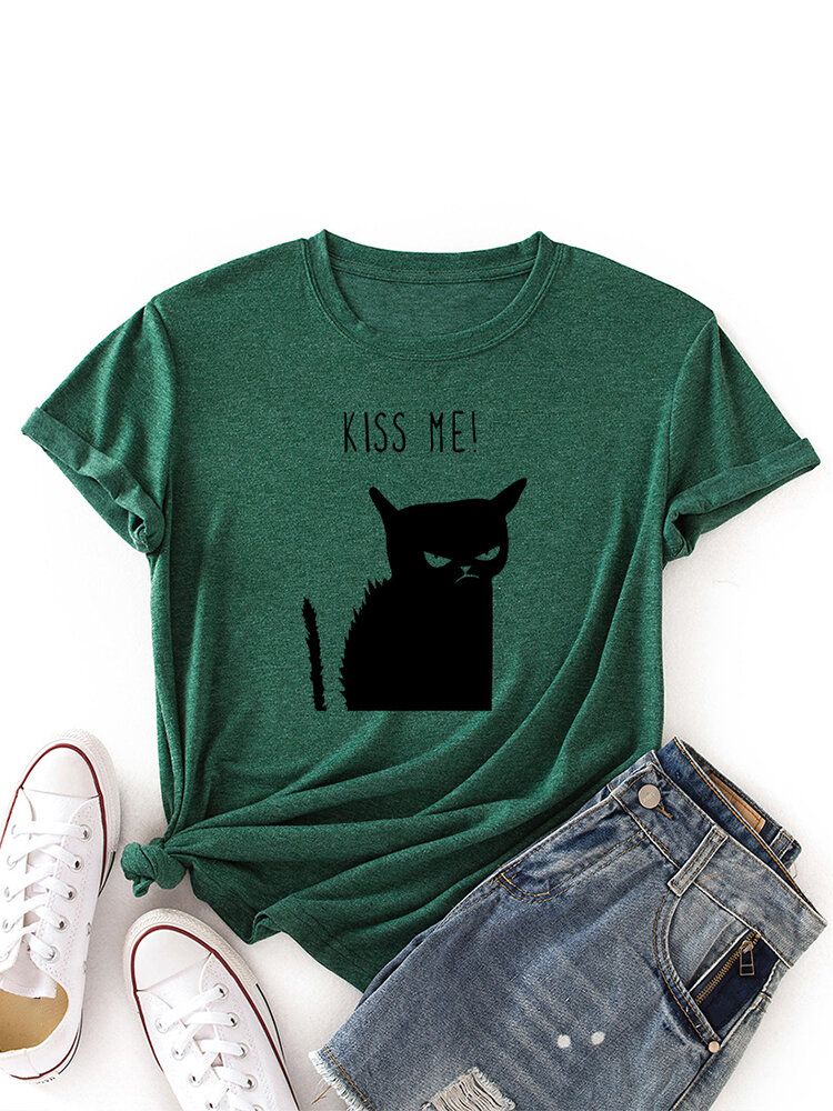 Kvinnor Kiss Cat Print O-ringad Kortärmad Casual T-shirt