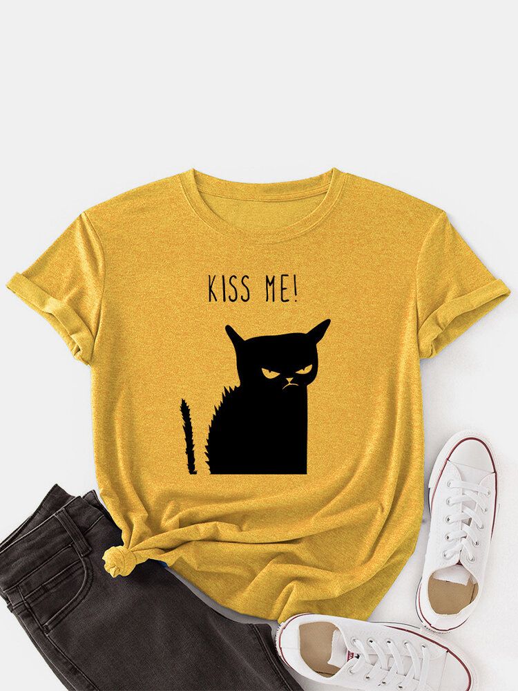 Kvinnor Kiss Cat Print O-ringad Kortärmad Casual T-shirt