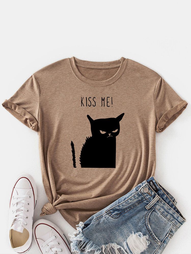 Kvinnor Kiss Cat Print O-ringad Kortärmad Casual T-shirt