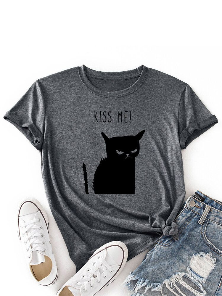 Kvinnor Kiss Cat Print O-ringad Kortärmad Casual T-shirt