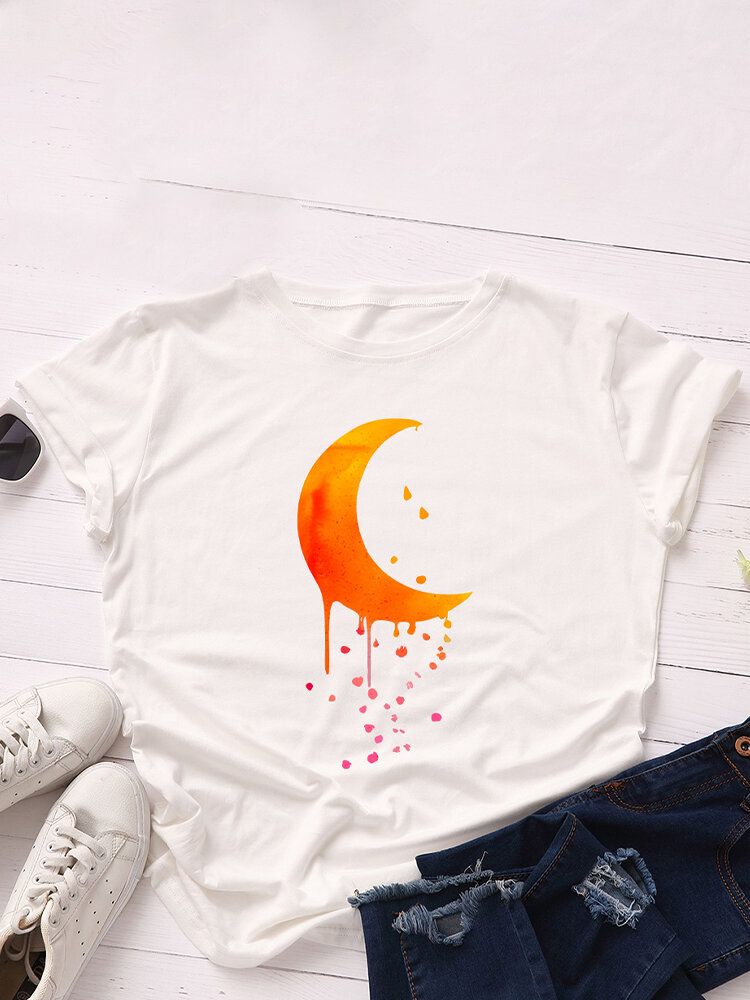 Kvinnor Moon Graphics Rundhalsad Casual Kortärmade T-shirts