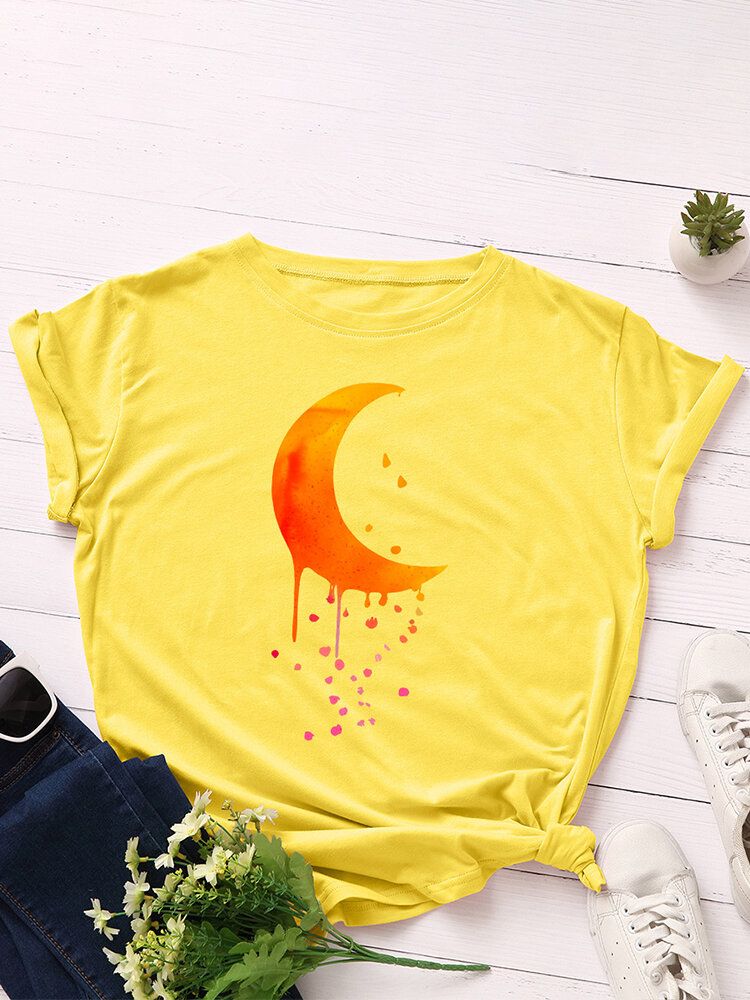 Kvinnor Moon Graphics Rundhalsad Casual Kortärmade T-shirts