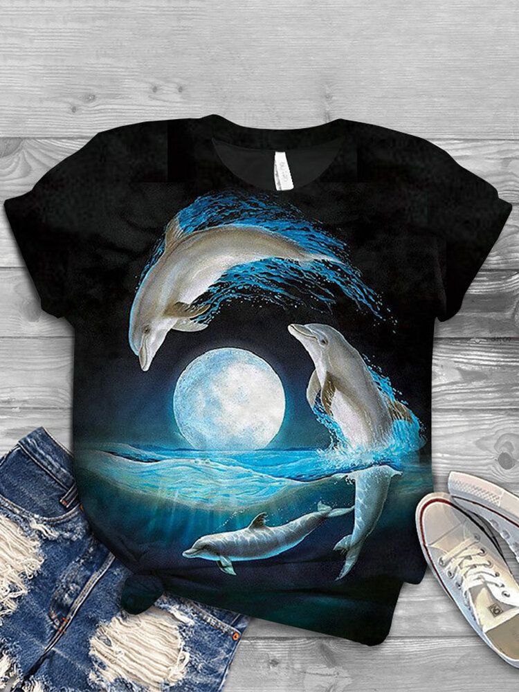 Kvinnor Ocean Whale Animal Print O-ringad Casual Kortärmade T-shirts